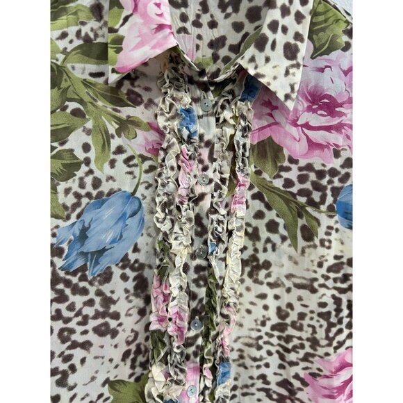 Caviar Leopard Floral Ruffle Button Front Shirt Sz Medium Sleeveless Garden - Picture 4 of 8